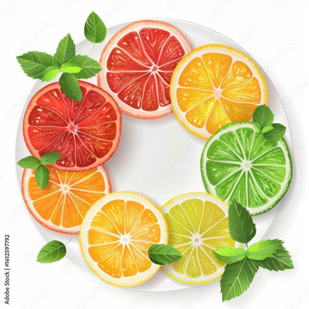 Obraz premium Colorful Citrus Slices on White Plate with Green Mint Leaves Fresh Fruit Display