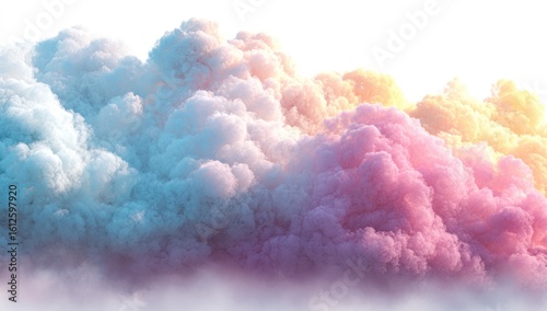 Dreamy cloudscape. Soft, fluffy forms blend from turquoise to pink and yellow, creating a beautiful, ethereal atmosphere against a clear white background