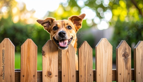 a Playful dog peeking over wooden fence backyard