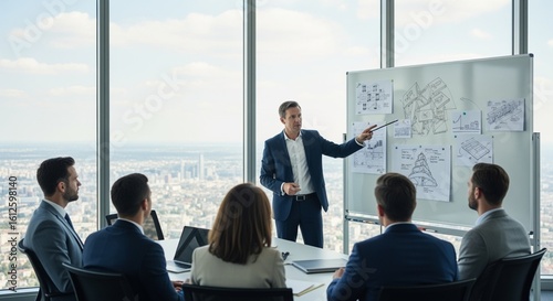 A confident businessman leads a team meeting in a modern skyscraper , presenting a project plan on a whiteboard to attentive colleagues with a city view.