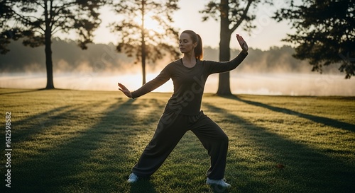 Woman practicing Tai Chi Chuan at sunrise in a park