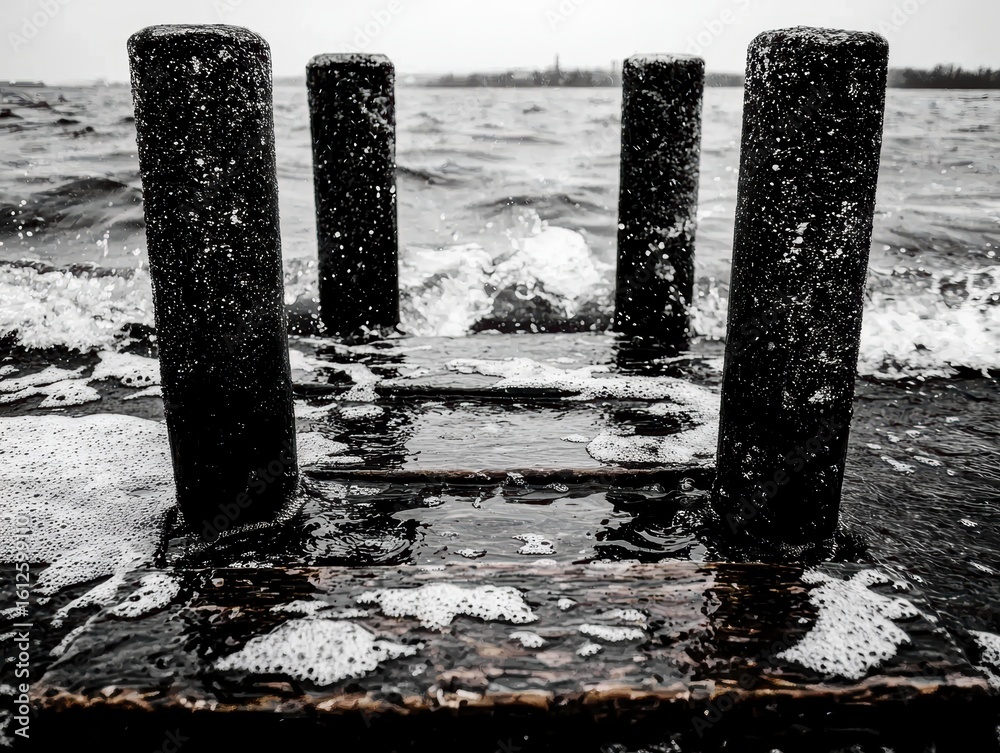 Fototapeta premium Waves Crashing on a Wooden Dock