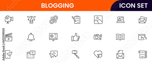 Blogging vector line icons featuring keyboards, posts, content creation, writing, microphones, cameras, social sharing, analytics, and digital communication tools.