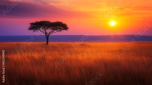 Fototapeta Naklejka Na Ścianę i Meble -  african sunset with lone acacia tree standing tall for golden grassland landscape evoking warmth solitude nature beauty horizon light shadow emotion concept.