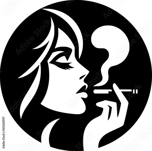 Minimalist black and white icon of a woman smoking with clean lines, no shading, ideal for stickers, logos, or digital use in modern geometric style.