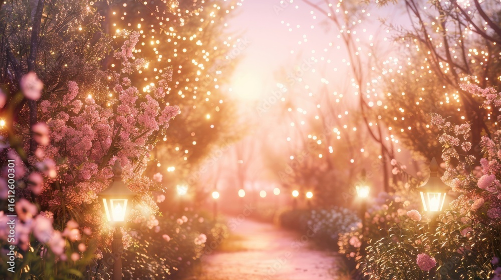 Naklejka premium Cherry Blossom Garden Pathway with Sparkling Lights and Lanterns in Sunset Atmosphere
