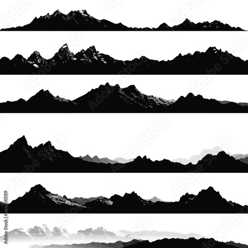 cascade mountain range silhouette set, Black & White silhouette set