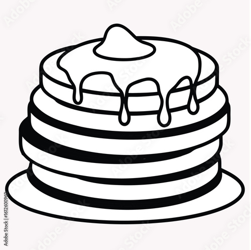 A simple line drawing of a stack of delicious pancakes drizzled with syrup and topped with a dollop of whipped cream
