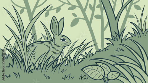 A rabbit hiding cautiously in the dense forest undergrowth, AI generative illustration