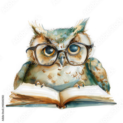  Watercolor cute owl with glasses reading book isolated on white and transparent background.