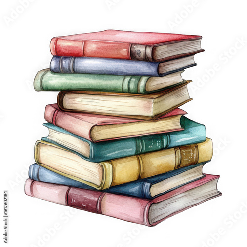 Watercolor illustration of a stack of books isolated on white and transparent background.