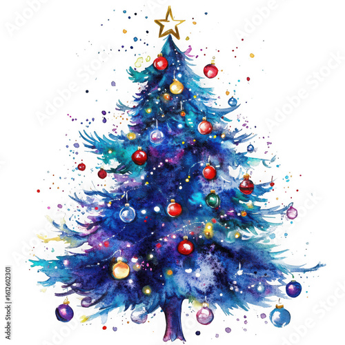 Whimsical Christmas tree watercolour isolated on white and transparent background