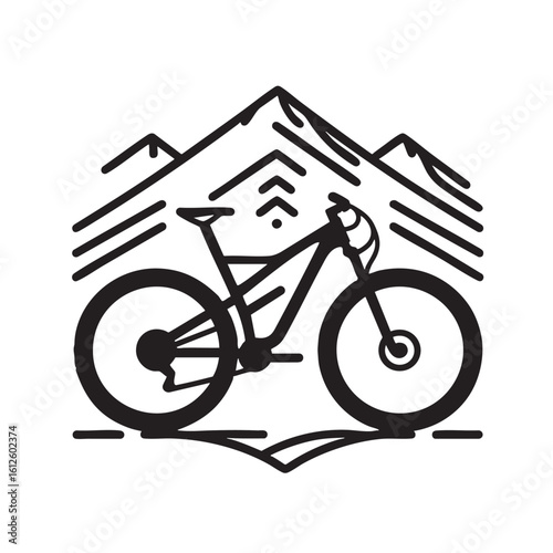 mountain bike line art illustration with mountain peaks