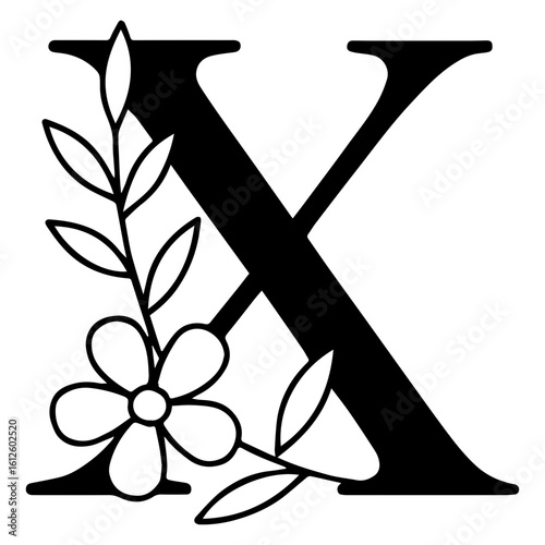 Floral alphabet – Letter x entwined with leaves and blossoms icon with transparent background in black and white style
