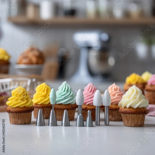 Colorful Cupcakes with Piping Tips in a Bakery Kitchen