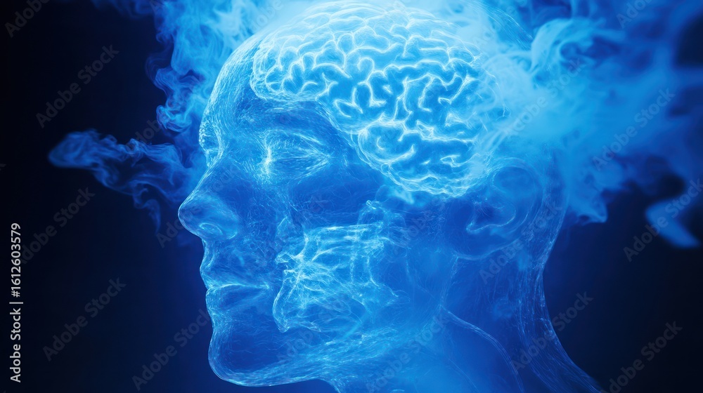 Glowing blue brain, smoke, profile, dark background, medical concept Glowing blue brain, smoke, profile, dark background, medical concept