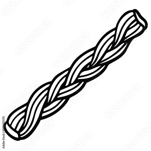 A simple black and white illustration of a braided rope or cord with a clean graphic style showcasing its woven texture and form