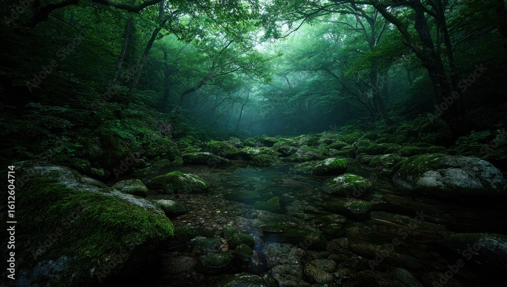 Obraz premium Lush, green forest scene featuring a clear stream flowing over moss-covered rocks. Dense foliage creates a dark, moody atmosphere with hazy sunlight filtering through the trees