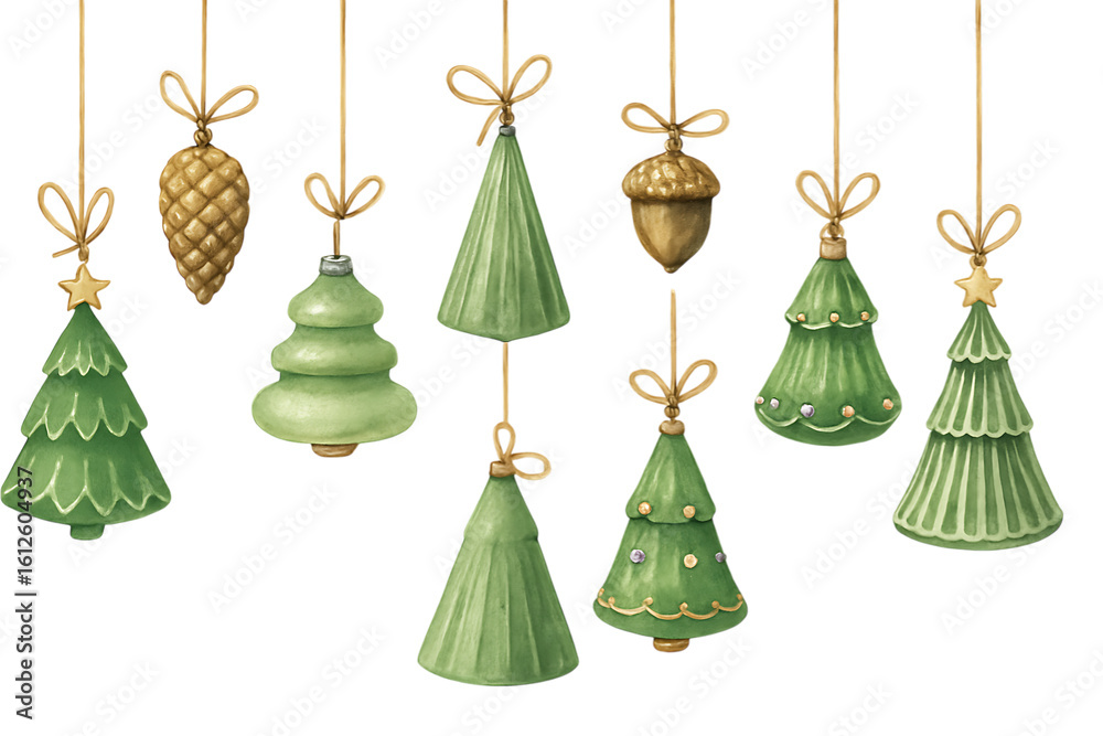 Obraz premium Set of Christmas trees decorated with shiny balls bells ribbons and ornaments for holiday celebration
