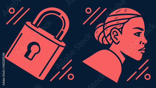 Abstract Illustration of a Thoughtful Woman with a Lock Symbolizing Security