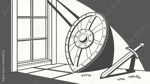 Ancient Shield and Sword Positioned Near Window Casting Dynamic Shadows