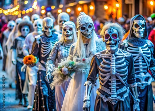 A group of people dressed as skeletons in elaborate costumes walk in a parade during a festive halloween celebration