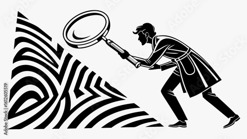 Detective Analyzing Intricate Patterns with Magnifying Glass in Black and White