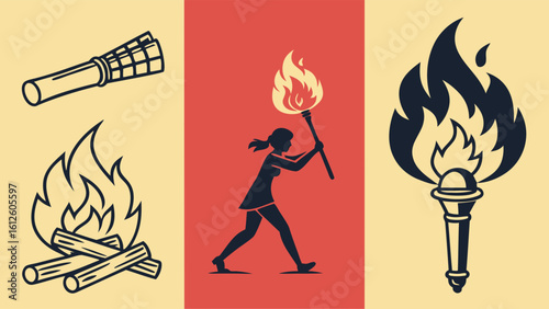 Dynamic Silhouette of Girl Holding Torch with Flames Against Vibrant Background
