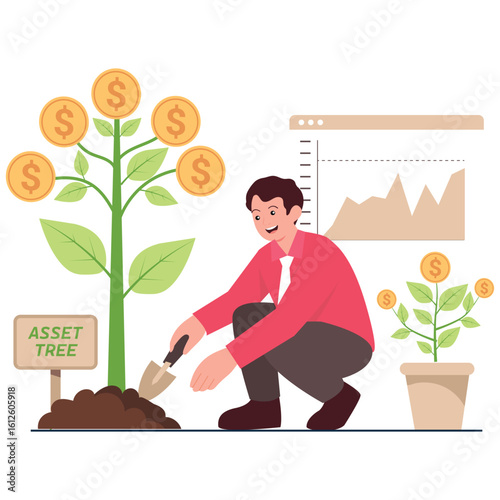 Financial Freedom Illustration. Vector illustration of Man growing a money tree labeled "Asset Tree", representing long-term financial planning and investment. Isolated on background