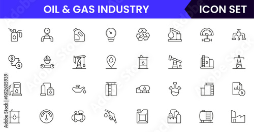 Oil and gas  industry vector line icons featuring drilling rigs, pipelines, fuel tanks, refineries, pumps, energy resources, barrels, and extraction equipment.