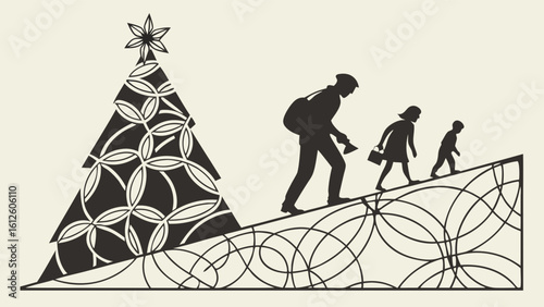 Silhouette of a Family Hiking Towards a Christmas Tree on a Hillside