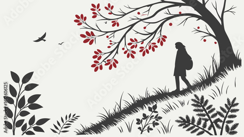 Silhouette of a Hiker Walking Along a Tranquil Path Under Autumn Trees