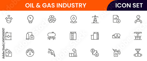 Oil and gas  industry vector line icons featuring drilling rigs, pipelines, fuel tanks, refineries, pumps, energy resources, barrels, and extraction equipment.