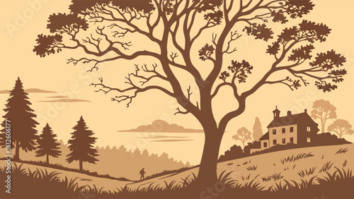 Silhouette of a Large Tree and House Under Cloudy Sky in Countryside Landscape