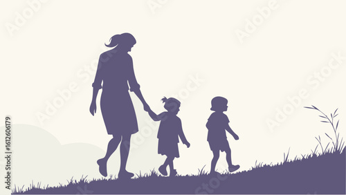 Silhouette of a Mother Walking Hand in Hand with Two Children on a Hillside