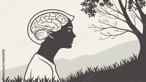 Silhouette of a Profile with a Brain Overlay Surrounded by Nature