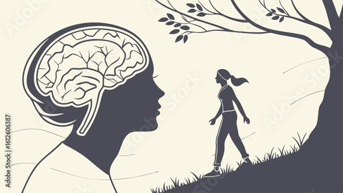 Silhouette of a Woman Walking Along a Path with a Brain Illustration Reflecting