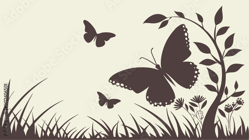 Silhouette of Butterflies and Leaves Against a Light Background in Nature