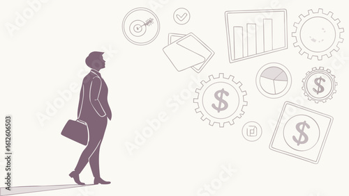 Silhouette of Businesswoman in Suit Observing Financial Growth Symbols and
