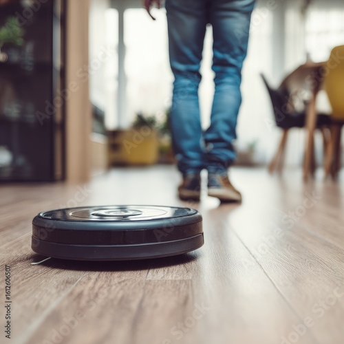 A robotic vacuum cleaner cleans a hardwood floor while a person walks away in the background