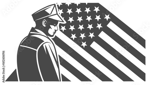 Soldier in Uniform Silhouette Against American Flag Symbolizing Patriotism and