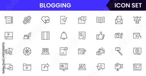 Blogging vector line icons featuring keyboards, posts, content creation, writing, microphones, cameras, social sharing, analytics, and digital communication tools.