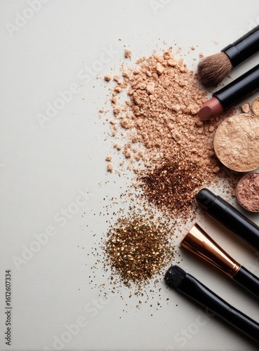 Makeup Array. Beige backdrop with scattered bronze and gold cosmetic powders, compacts, and an assortment of brushes arranged along the right side, creating a visually appealing still life