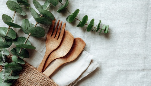 Eco cutlery set. Wooden fork and spoon in a burlap pouch, adorned with eucalyptus leaves on a light-colored linen cloth, conveying natural and sustainable living