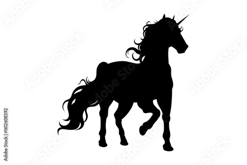 Vector unicorn silhouette in front leg pose. Unicorn walking pose silhouette art for graphic design or tattoo design.