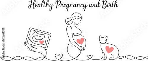 Illustration of healthy pregnancy and birth with symbolic hearts
