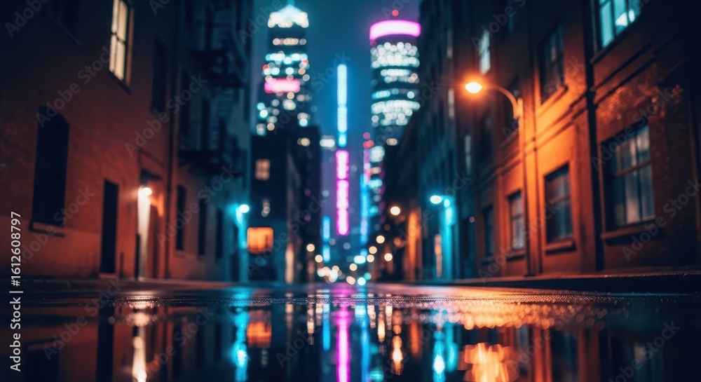 Rainy city street at night with colorful neon lights reflecting on wet pavement Rainy city street at night with colorful neon lights reflecting on wet pavement