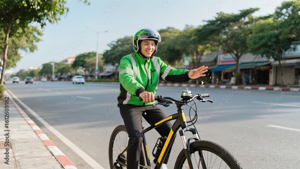 Fototapeta premium A Delivery Courier riding a bicycle on the urban road with an expression of greeting. He embodies efficiency and community service.
