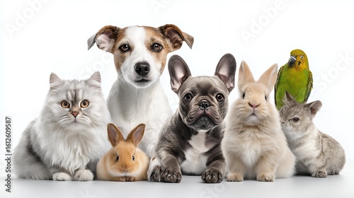 Group of assorted pets on white background, including dogs, cats, rabbits and a parrot; concept for veterinary clinic, animal adoption campaign and pet food advertising.