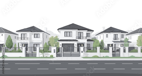Stunning modern white houses with black roofs and elegant fences line a street with a road in the foreground, creating a suburban dreamscape.